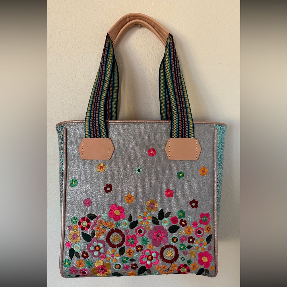 Floral Embroidered Silver Tote Bag